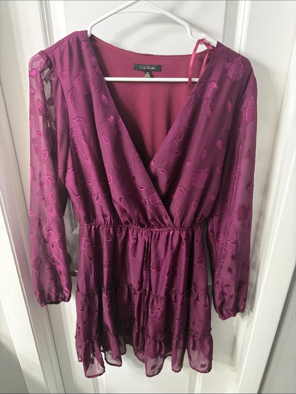City Studio Deep Plum Floral Wrap-Style Long Sleeve Dress